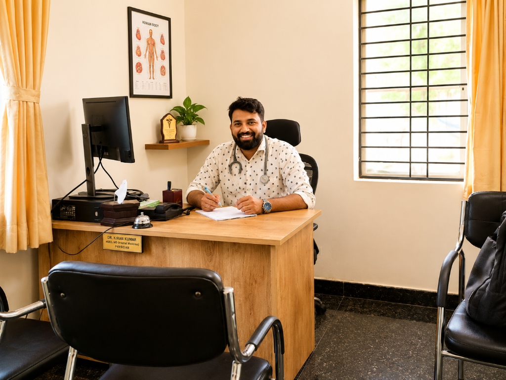 Consultant doctor sitting at his desk