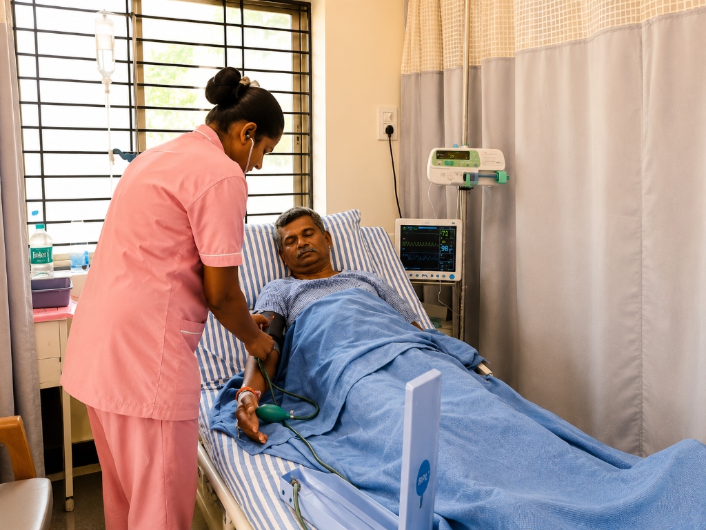 Nursing staff examining patient on ward bed