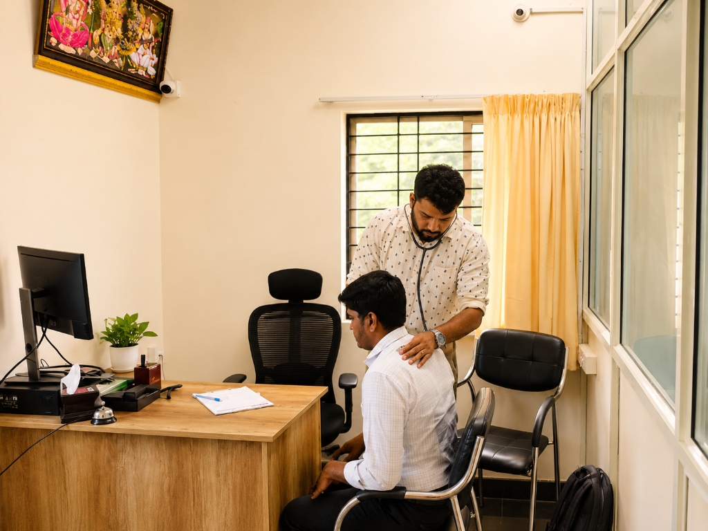 Doctor examining patient with stethoscope in consultation room